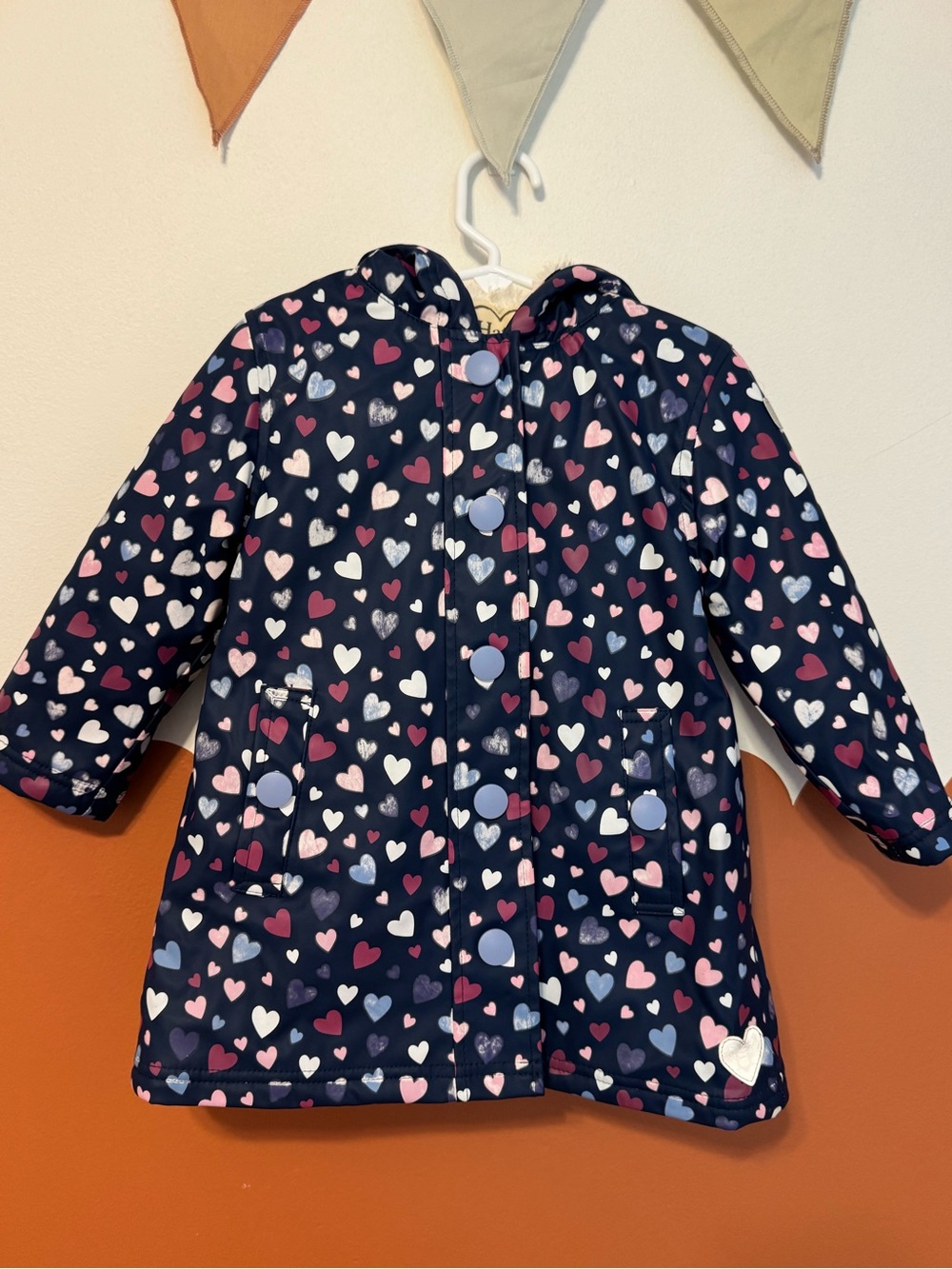Hatley Navy Heart-Print Hooded Raincoat - Pink & White Hearts